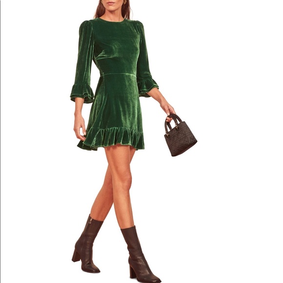 Reformation Dresses & Skirts - NEW Reformation Mountain Ruffle Emerald Velvet Mini Dress NWT